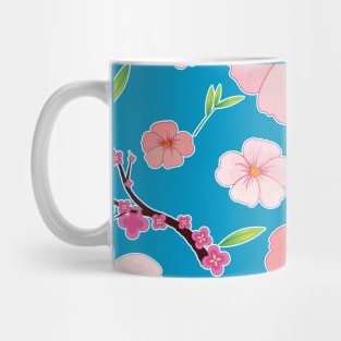 Pink Hibiscus and Sakura Blue Background Mug